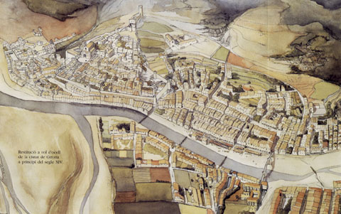 Restitució de Girona a vol d'ocell, a principis del segle XIV, abans de la construcció de les muralles de Pere III