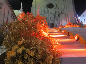 Temps de Flors 2018. Instal·lació 'Per treure'ns del pecat i dar-nos alegria' a les escales de la Catedral