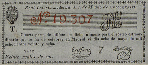 Real Lotera Moderna, S.I. de M. año de MDCCCXXVIII. Participació d'un bitllet de loteria per a un sorteig extraordinari. 1828
