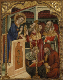 Sant Esteve i els jueus a la sinagoga. Segle XIV. Predel·la del retaule de Sant Esteve. Cercle d'Arnau Bassa