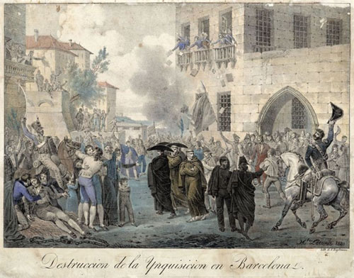 Destrucción de la Ynquisición en Barcelona. Gravat d'Hippolyte Lecomte. Barcelona, 1820