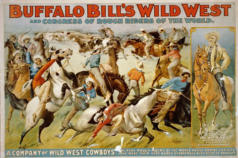 Espectacle 'Buffalo Bill's Wild West and Congress of Rough Riders of the World'. Cartell que mostra vaquers envoltant bestiar i retrat del coronel W. F. Cody a cavall. Ca. 1899