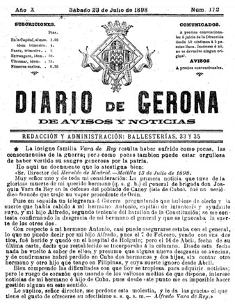 Notícia de la mort de Joaquim Vara de Rey i Rubio publicada al 'Diario de Gerona de Avisos y Notícias' del 23/7/1898