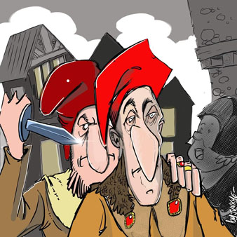 Dibuix de Jordi Juncosa byJunkye al·lusiu als enfrontaments entre les famílies Agullana i Sarriera