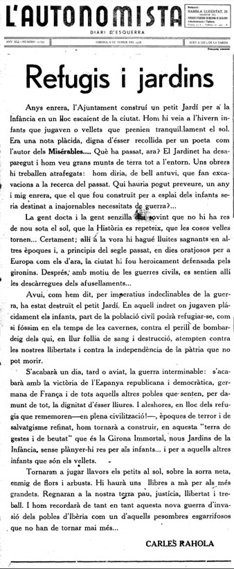 Article de Carles Rahola publicat al número 10.392 del diari 'L'Autonomista' del 8/2/1938