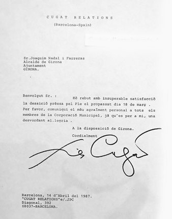 Carta d'agraïment de Cugat a l'Ajuntament de Girona per haver-lo nomenat pregoner de les Fires de Sant Narcís de 1986