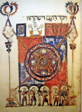 Hagadà de Barcelona. Matzá (pa àzim) i joglars hebreus. Segle XIV