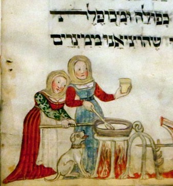 Dues dones preparant un sopar de Péssah. Hagadà de Washington, 1478