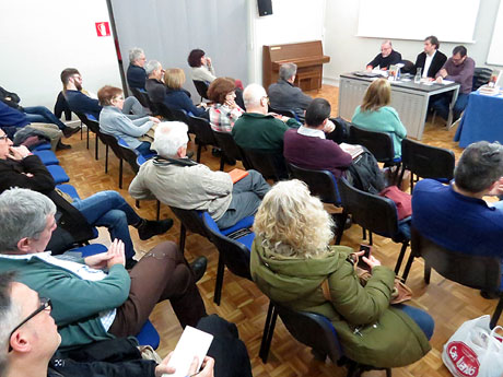 Llibreria Geli. Presentació del llibre El navegant, de Joan-Lluís Lluís, amb Josep Domènech Ponsatí i Xavier Delòs a la Casa de Cultura de Girona