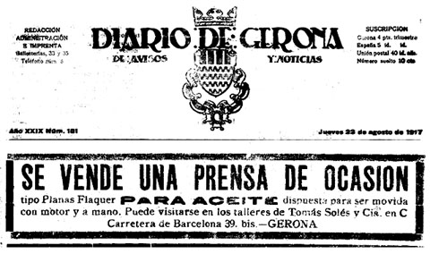 Anunci de Tomàs Solés i Cia, publicat al Diario de Avisos y Notícias del 23/8/1917
