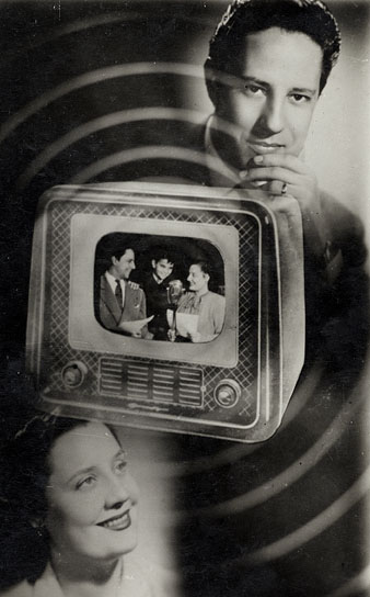 Fotomuntatge d'Enric Casademont i Pilar Montero amb el personatge Pau Pi, Paulinet. 1950