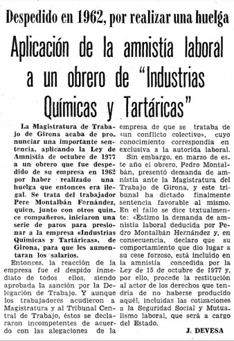 Notícia de l'acomiadament de Pedro Montalbán per la vaga a Indústrias Químicas y Tartáricas. Diari 'Los Sitios de Gerona', 17/10/1978