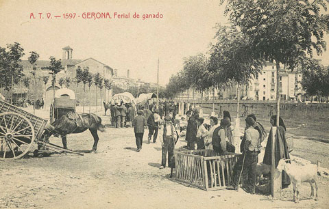 Firal del bestiar, posteriorment passeig del General Mendoza. A l'esquerra el convent del Mínims o de Sant Francesc de Paula, a la dreta el Pont del Carme. 1903-1904