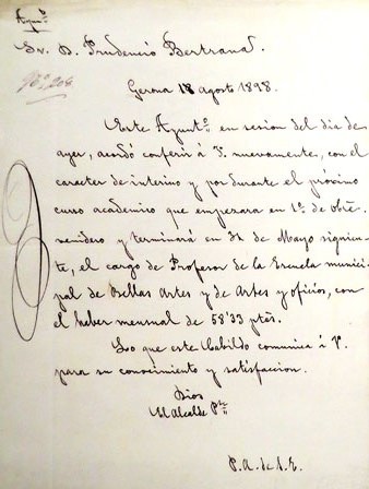 Document d'acceptació de Prudenci Bertrana al cos de professors de l'Escola Municipal d'Art, Girona. 1898