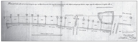 Plànol de les Voltes dels Esparters per Tomàs Carreras i Esteban Muxach, on s'indiquen les parcel·les dels sotaportals corresponents als edificis contigus que haurien docupar segons la rectificació del carrer. 1 de juny de 1875