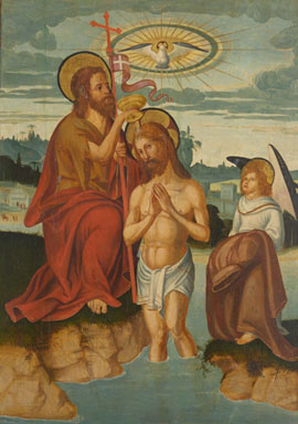 'Bateig de Crist'. Taula del Retaule de sant Joan Baptista. Pere Mates. 1536. Oli sobre fusta
