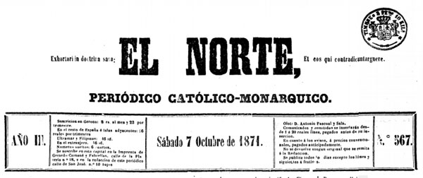 Capçalera de 'El Norte', periòdic representant de l'ideari carlista a Girona, escrit en castellà