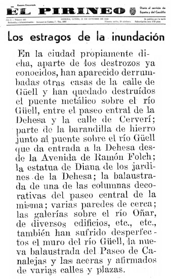 Fragment de la notícia publicada al diari 'El Pirineo' del 21/10/1940 sobre les destrosses provocades per la inundació del Güell al sector de la Devesa