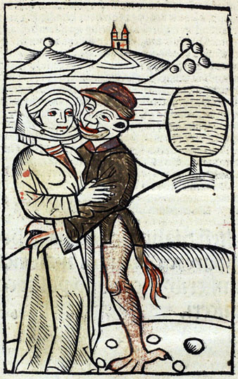 Una bruixa amb el dimoni. Gravat del segle XVI