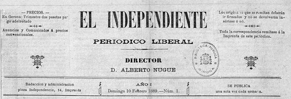 Capçalera del periòdic 'El Independiente'. Número 1 del 10 de febrer de 1889