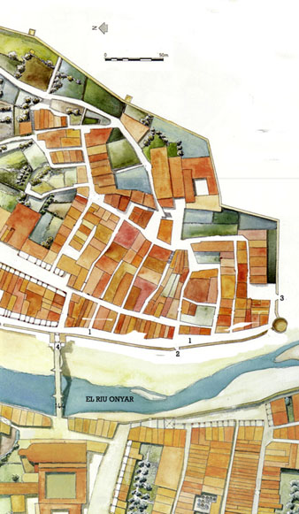 Mapa de l'Arenys i la Vilanova el 1535. 1. Carrer del portal de l'Àngel al portal del Carme. 2. Portal de l'Àngel. 3. Portal del Carme. 4, Portal del pont