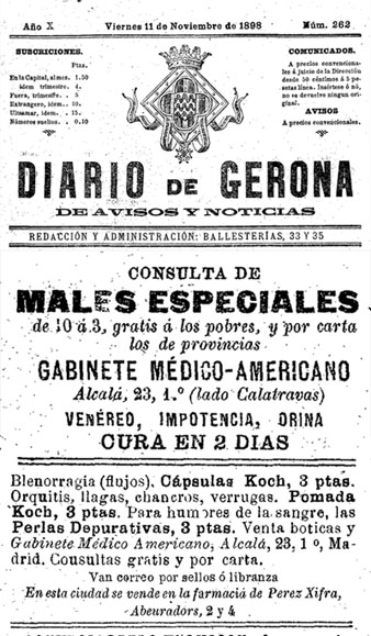 Anunci de la farmàcia Pérez-Xifra, publicat al periòdic 'Diario de Gerona de Avisos y Notícias' l'11/11/1898