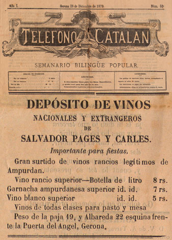 Anunci publicat al diari 'Teléfono Catalán' el 28/12/1879