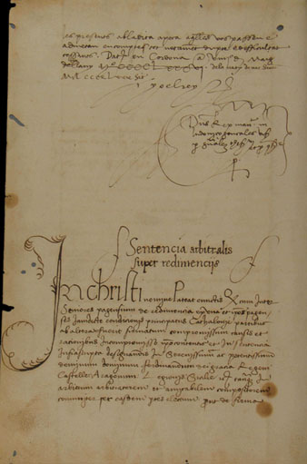 Pàgina inicial de la sentència de Guadalupe. 1486