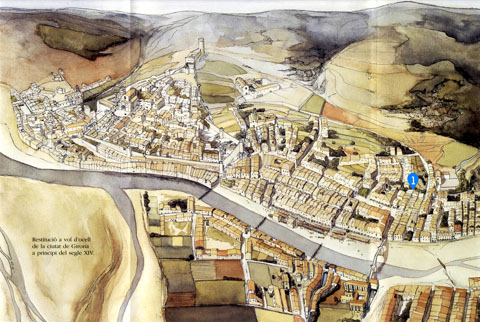 Restitució a vol d'ocell de la ciutat de Girona a principis del segle XIV. Amb el número 1 s'indica el carrer de n'Aurich