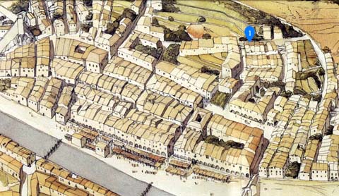 Girona a la 1a meitat del segle XIV. S'hi indica el carrer d'en Rossinyol, actual carrer de Sant Josep