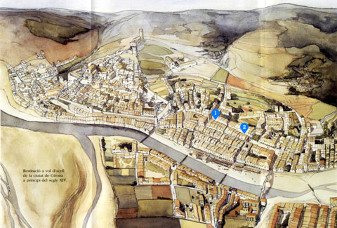 Restitució de la ciutat de Girona a principis del segle XIV. S'hi indica (1) Carrer de la Draperia, el tram nord de l'actual carrer dels Ciutadans, i (2) Ferreria Nova, el tram meridional del carrer. Dibuix de Jordi Sagrera