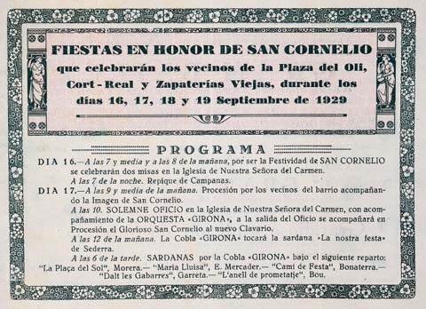 Programa de Festes en honor a Sant Corneli que celebren els veïns de la plaça de l'Oli, Cort Reial i Sabateries Velles de Girona durant els dies 16, 17, 18 i 19 de setembre de 1929