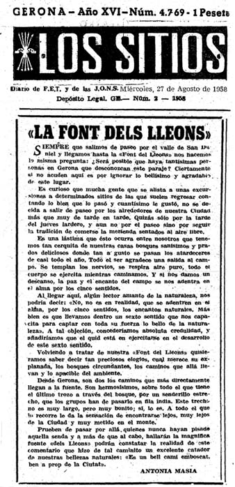 Article publicat al diari 'Los Sitios de Gerona' del 27/8/1958