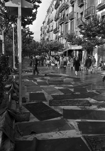 Efectes de les inundacions a Girona. Catifes dels magatzems Mercadal esteses a la Rambla de la Llibertat. 1970