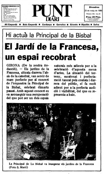 Notícia de la recuperació dels Jardins de la Francesa. Publicat al diari El Punt, el 23/5/1980