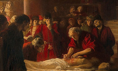 Metge del segle XIV fent una disecció. Detall de 'Mundinus, l'anatomista italià, fent una disecció al Teatre d'Anatomia de Bologna, 1318', pintura d'Ernest Board