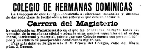 Anunci del col·legi de les DOminiques del carrer del Nord publicat al 'Diario de Gerona de Avisos y Notícias' del 20/9/1914