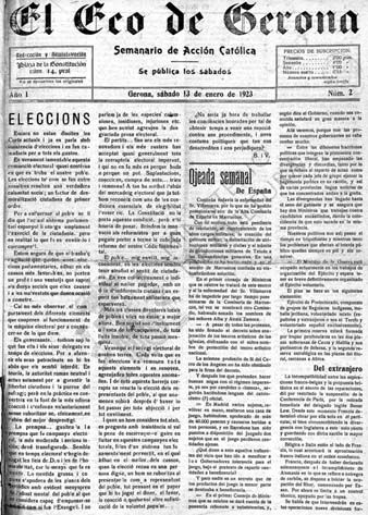Segon número del setmanari 'El Eco de Gerona: Semanario de Acción Católica' 13/01/1923