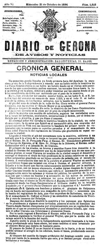 Inauguració del monument als defensors de Girona. Article del 'Diario de Gerona de Avisos y Notícias' del 31/10/1894
