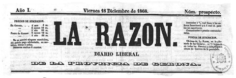 Capçalera del diari liberal 'La Razón' (1868-1869), que va tenir l'administració als baixos del número 1 de la plaça de les Castanyes