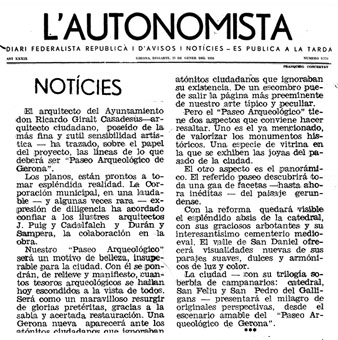 Notícia sobre el projecte del Passeig Arqueològic publicat al diari 'L'Autonomista' el 25/1/1936