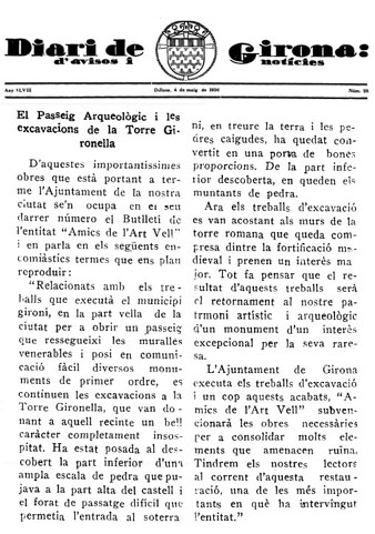 Notícia sobre els treballs del Passeig Arqueològic publicat al 'Diari de Girona d'avisos i notícies' el 4/5/1936