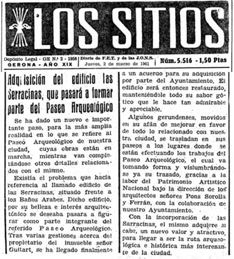 Notícia sobre la compra de l'edifici de Sarraïnes per incorporar-lo al  Passeig Arqueològic publicat al diari 'Los Sitios de Gerona' el 1/3/1961