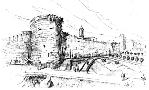 Projecte del Passeig Arqueològic. Vista de la muralla amb la Torre del Peix (o de Sant Domènec)