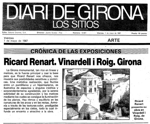 Crònica de l'exposició de Ricard Renart, publicada al diari 'Los Sitios de Gerona' l'1/5/1987