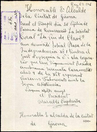 Carta de la Societat Coral La Veu de Clavé de Girona a l'Ajuntament de Girona. Es convida la corporació a una cantada de Caramelles. 1935