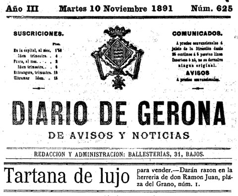 Anunci publicat al 'Diario de Gerona de Avisos y Notícias' del 10/11/1891