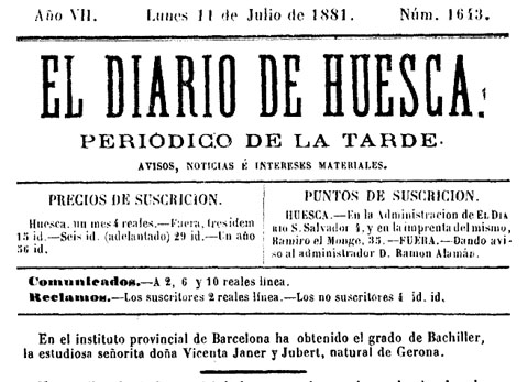 El 'Diario de Huesca' de l'11 de juliol de 1881 es va fer ressò de la obtenció del grau de Batxiller per Vicenta Janer