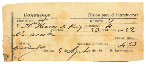 Rebut lliurat per un dels burots de Girona per la introducci&oacute; d�oli a la ciutat. Ca. 1899