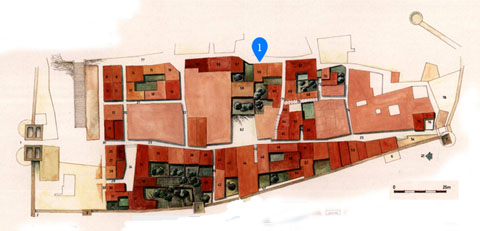 El Call jueu de Girona al segle XII-XIV. S'hi indica (1) el carrer de la Ruca